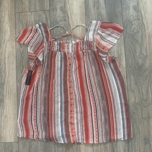 NWT NOBO BROWN/RUST/WHITE STRIPE FLUTTER SLEEVE SQUARE NECK SMOCK TOP XL (15-17) - Picture 10 of 12